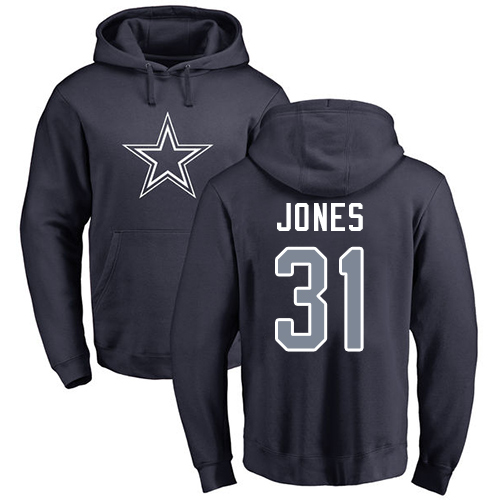 Men Dallas Cowboys Navy Blue Byron Jones Name and Number Logo #31 Pullover NFL Hoodie Sweatshirts->nfl t-shirts->Sports Accessory